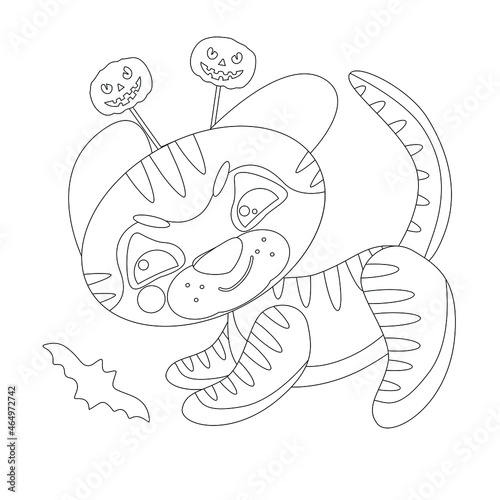 Wallpaper Mural Coloring page of book for kids. Vector cute playful linear tiger cub, in band with Halloween pumkins, hunts on bat. Symbol of 2022 new year. Isolated on white background Torontodigital.ca