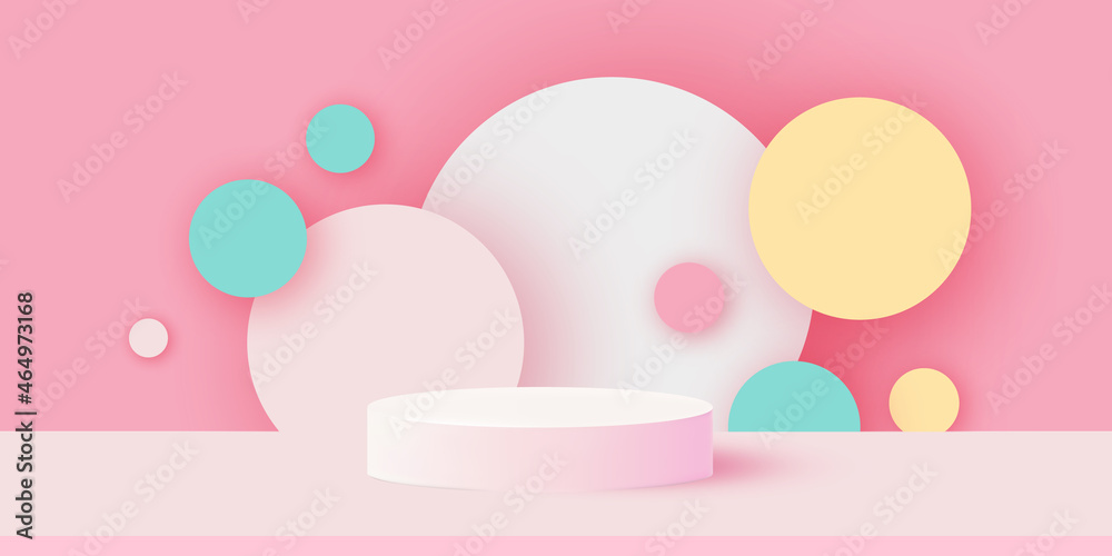 3D Podium scene or pedestal on pastel background with minimal geometric shapes paper cut craft studio for display product mockup design. Circles.