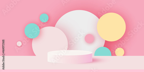3D Podium scene or pedestal on pastel background with minimal geometric shapes paper cut craft studio for display product mockup design. Circles.