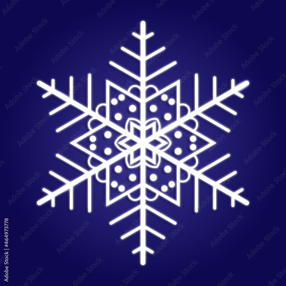 Snowflake icon. White luminous silhouette snow flake with shadow isolated on blue background. Symbol of winter Christmas, New Year holiday. Graphic element decoration Snowflake icon. White luminous silhouette snow flake with shadow isolated on blue background. Symbol of winter Christmas, New Year holiday. Graphic element decoration