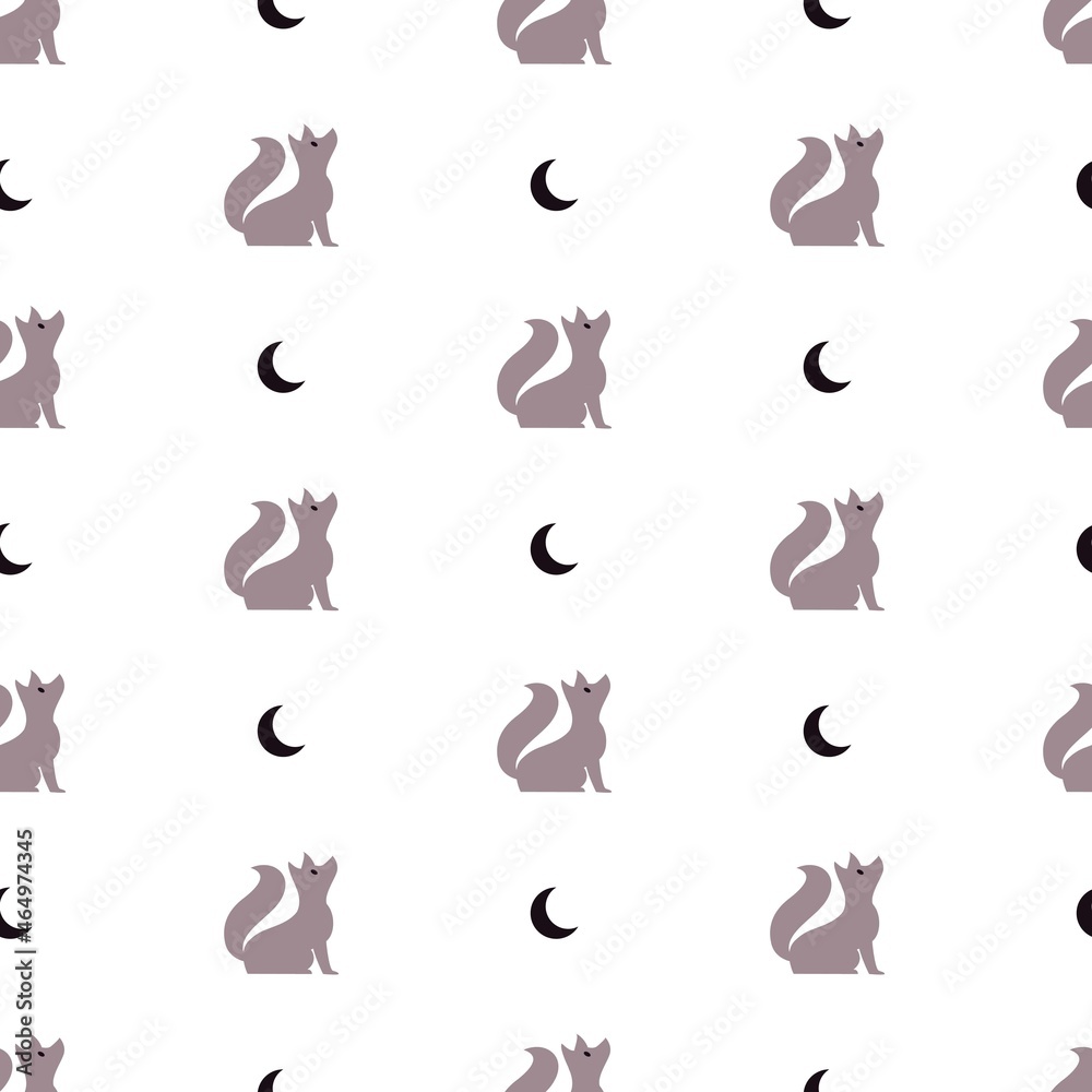 Vector Seamless Pattern with Wolf and Moon in Simple Flat Design