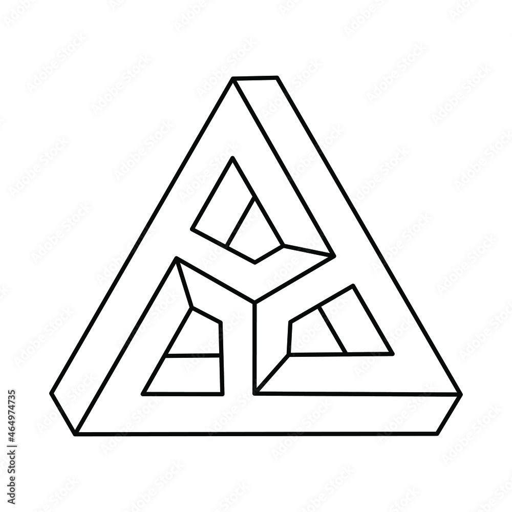 Impossible shapes. Optical illusion figure. Abstract eternal geometric object. Impossible endless outline triangle. Impossible geometry symbol on a white background. Optical art. Escher style. Impossible shapes. Optical illusion figure. Abstract eternal geometric object. Impossible endless outline triangle. Impossible geometry symbol on a white background. Optical art. Escher style.