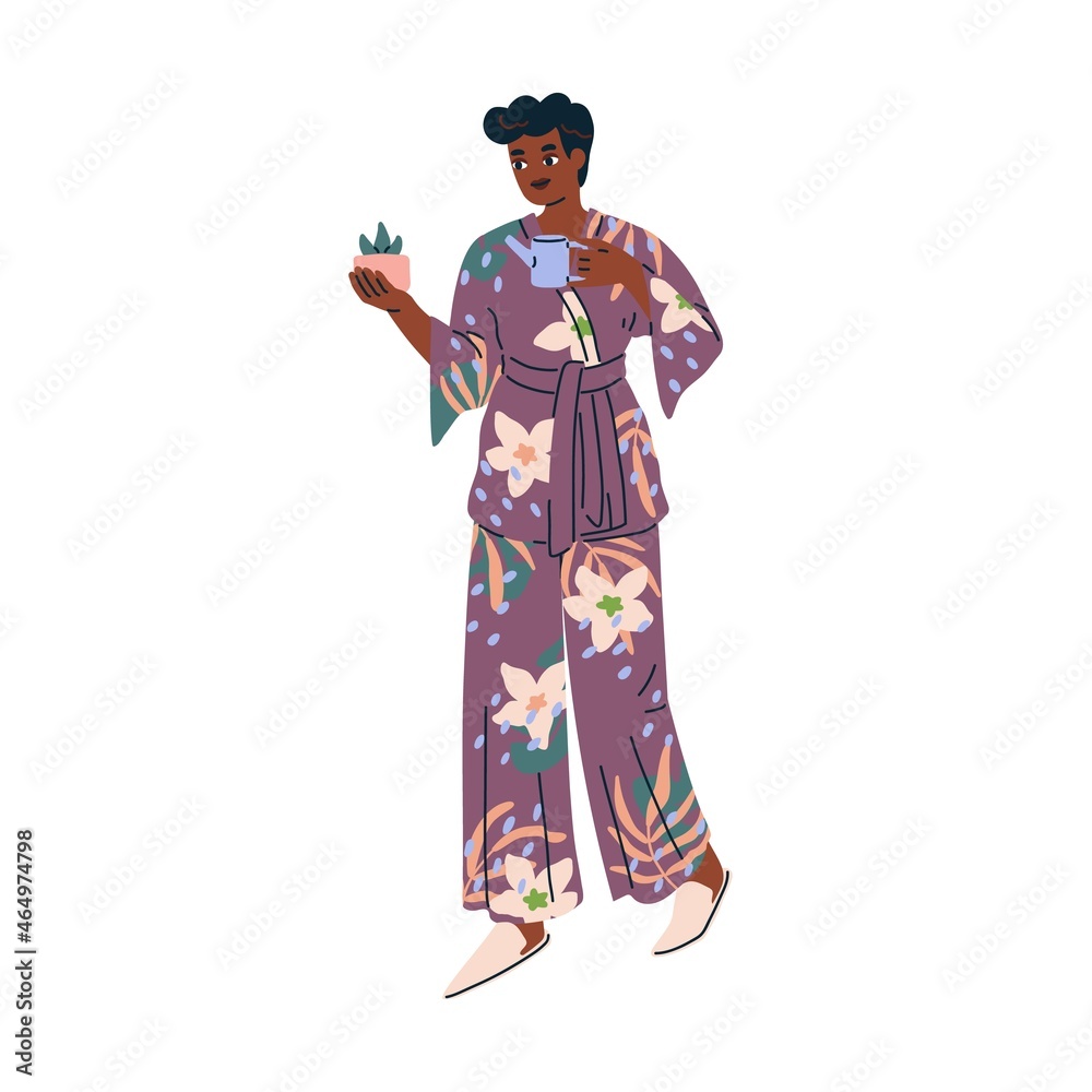 Woman in fashion home clothes, silk apparel and slippers. Female wearing comfy outfit. Person in cozy homewear with potted plant in hands. Colored flat vector illustration isolated on white background Woman in fashion home clothes, silk apparel and slippers. Female wearing comfy outfit. Person in cozy homewear with potted plant in hands. Colored flat vector illustration isolated on white background