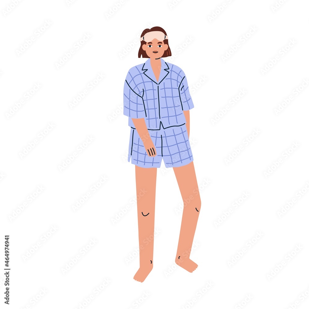 Woman in pajamas and sleep mask. Barefoot female wearing home clothes, sleepwear. Person in modern fashion outfit, nightwear, shirt and shorts. Flat vector illustration isolated on white background Woman in pajamas and sleep mask. Barefoot female wearing home clothes, sleepwear. Person in modern fashion outfit, nightwear, shirt and shorts. Flat vector illustration isolated on white background