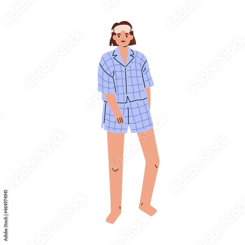 Woman in pajamas and sleep mask. Barefoot female wearing home clothes, sleepwear. Person in modern fashion outfit, nightwear, shirt and shorts. Flat vector illustration isolated on white background
