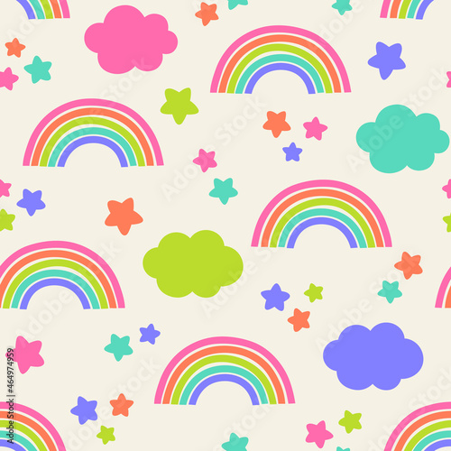 Colorful star, rainbow and cloud seamless pattern background.