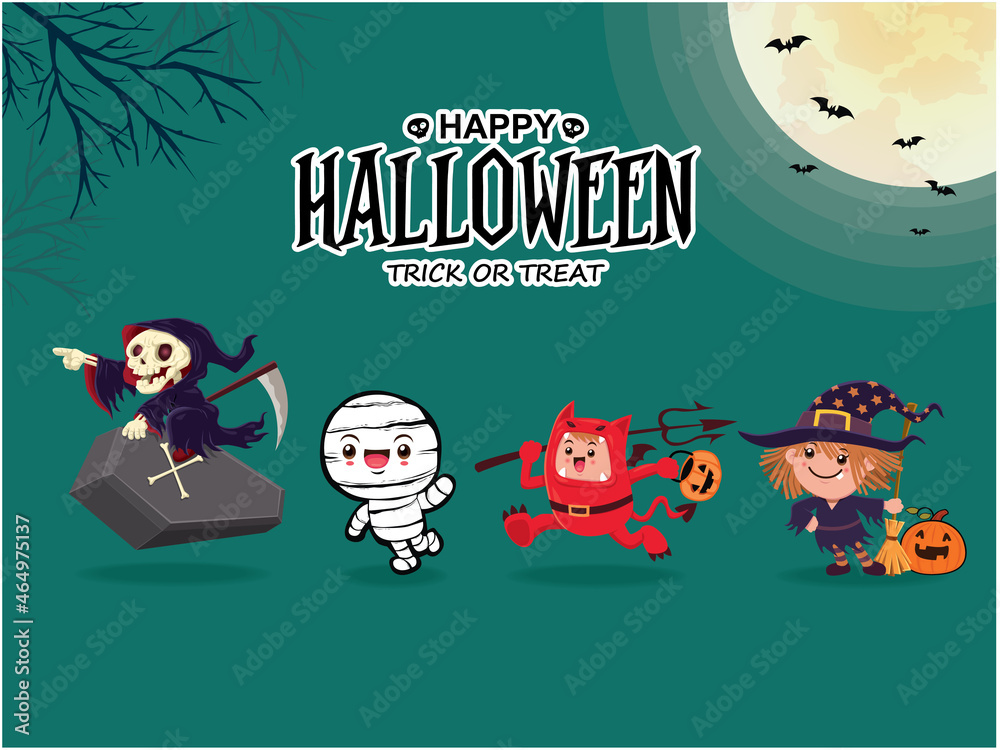 Fototapeta premium Vintage Halloween poster design with vector reaper, mummy, demon, witch, jack o lantern character. 