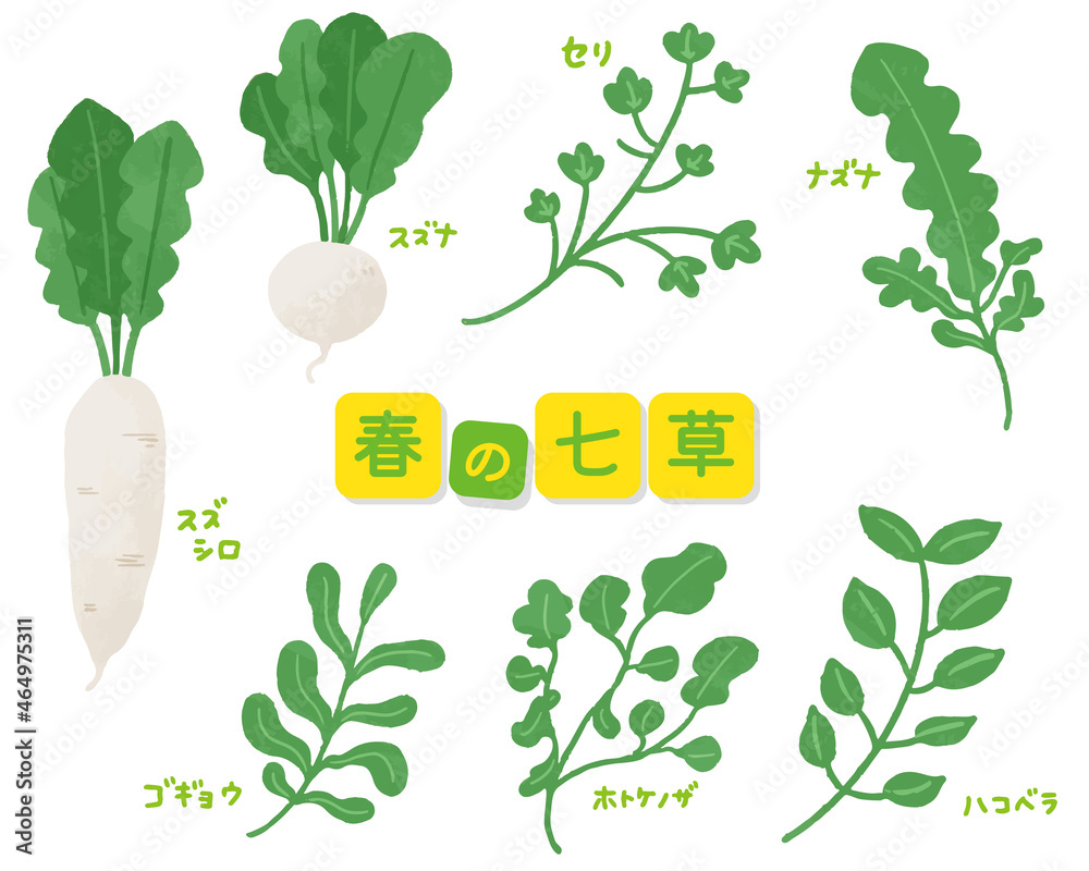 春の七草 手書き風イラスト 文字 ベクター素材セット Stock 벡터 Adobe Stock