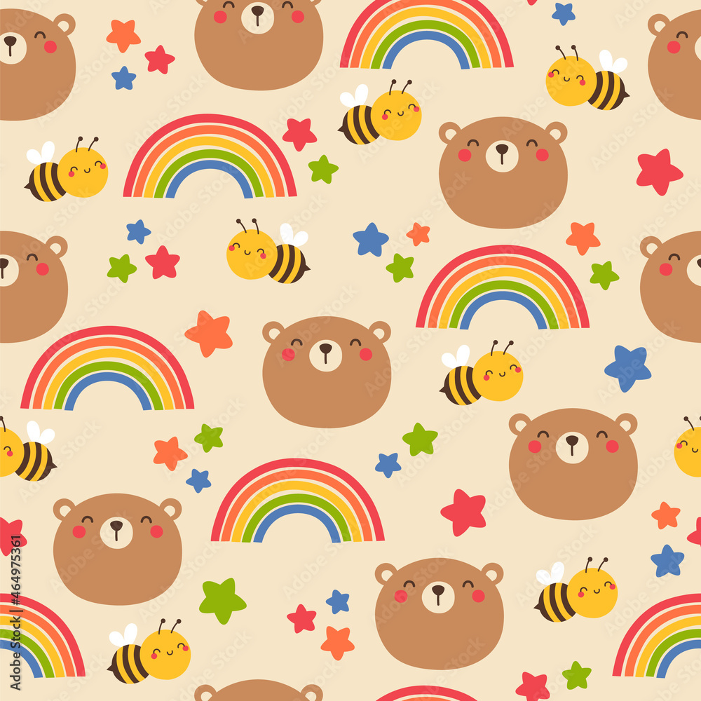 Fototapeta premium Teddy bear, bumble bee, rainbow and star seamless pattern background.