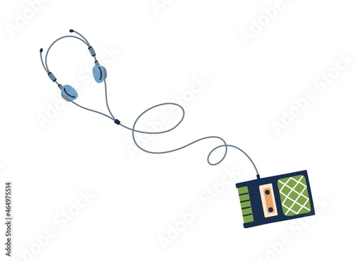 Retro cassette player with headphones for music records and radio playing. Vintage portable stereo walkman for magnetic tape, casettes. Flat vector illustration isolated on white background