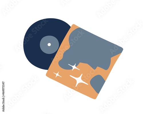 Retro vinyl album cover and LP disc. Old vintage music record on black disk of 60s. Oldschool nostalgic plastic vynil for gramophone. Flat vector illustration isolated on white background photo
