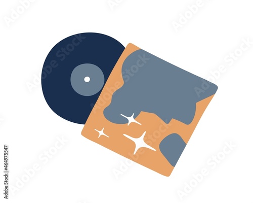 Retro vinyl album cover and LP disc. Old vintage music record on black disk of 60s. Oldschool nostalgic plastic vynil for gramophone. Flat vector illustration isolated on white background