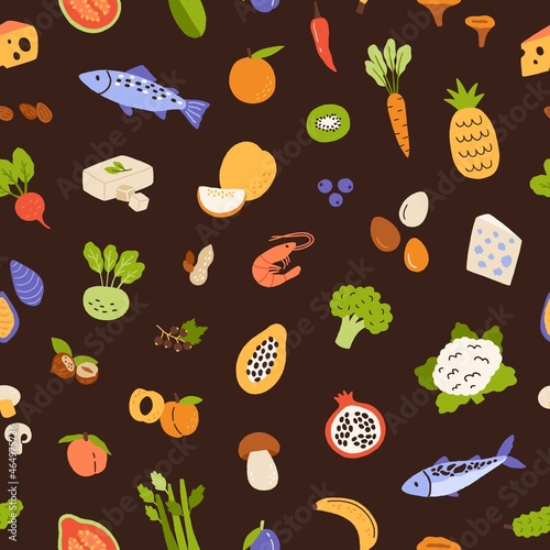 Healthy food pattern. Seamless background with vegetables, fruits, fish, seaf...