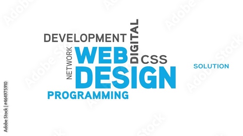 Web design motion - kinetic typography with blue and grey words on white background.