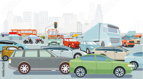 Großstadt in der rush hour mit einer Straßenkreuzung im Verkehrsstau und öffentlicher verkehr illustration