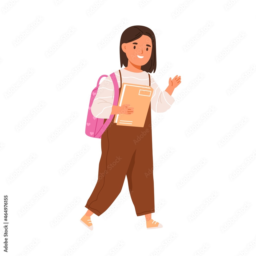 School girl walk with schoolbag and book. Happy child with backpack going, greeting smb with hi gesture. Pupil kid and textbook. Flat vector illustration of schoolchild isolated on white background School girl walk with schoolbag and book. Happy child with backpack going, greeting smb with hi gesture. Pupil kid and textbook. Flat vector illustration of schoolchild isolated on white background