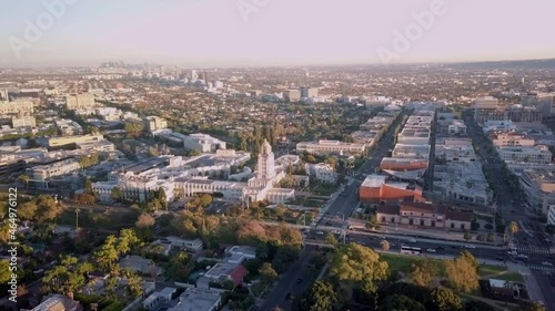 Aerial view around the church of Beverly Hills,  sunrise in Los Angeles - orbit, drone shot