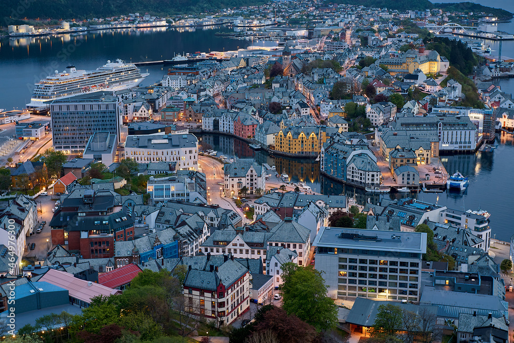 Evening view of downtown Ålesund from Aksla mountain, Norway