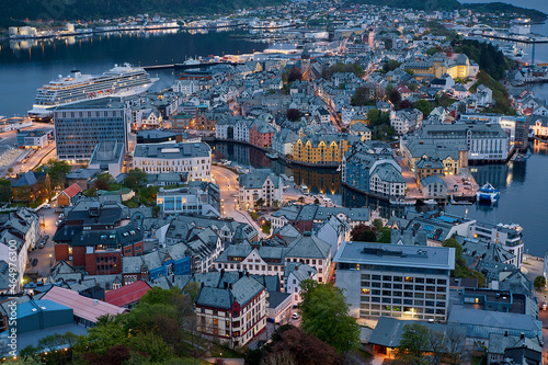 Evening view of downtown Ålesund from Aksla mountain, Norway
