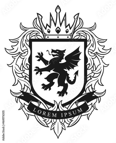 Vector heraldic shield with rampant dragon and floral decoration.