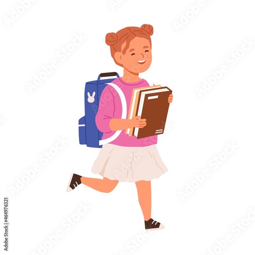 School girl walking with books and schoolbag. Happy kid first-grader going with bag and textbooks. Child schoolgirl running from library with joy. Flat vector illustration isolated on white background