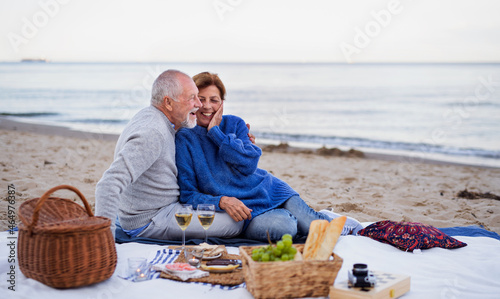 Happy senior couple in love sitting on blanket and having picnic outdoors on beach by sea.