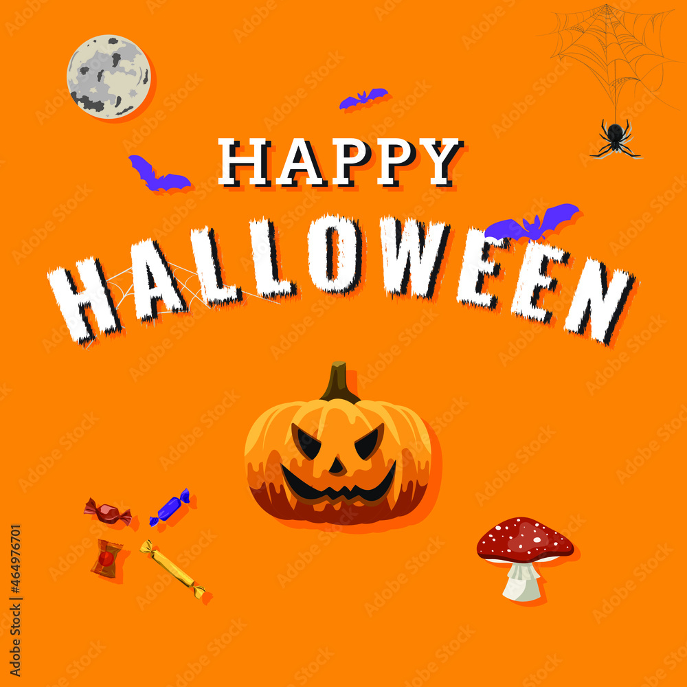 Happy Halloween banner or party invitation background with bats and pumpkins. Vector illustration. Full moon in the sky, spiders web and candy. Banner, Vector