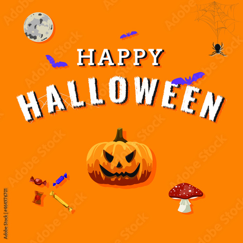 Happy Halloween banner or party invitation background with bats and pumpkins. Vector illustration. Full moon in the sky  spiders web and candy. Banner  Vector