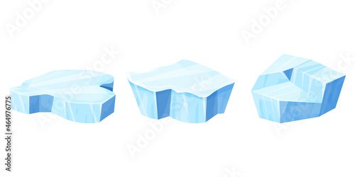 Set Ice floe, frozen water piece, iceberg in cartoon style isolated on white background. Collection polar landscape element, ui game asset. Winter decoration.