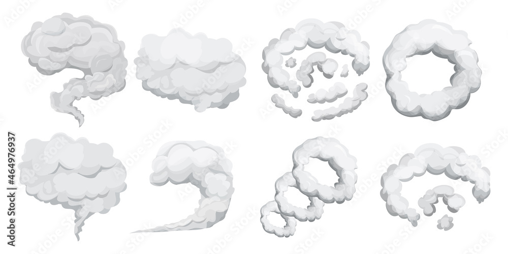 Set smoke dust explosion in cartoon style isolated on white background. Collection frame, game asset. Abstract gray cloud, gas, motion element. Set smoke dust explosion in cartoon style isolated on white background. Collection frame, game asset. Abstract gray cloud, gas, motion element.