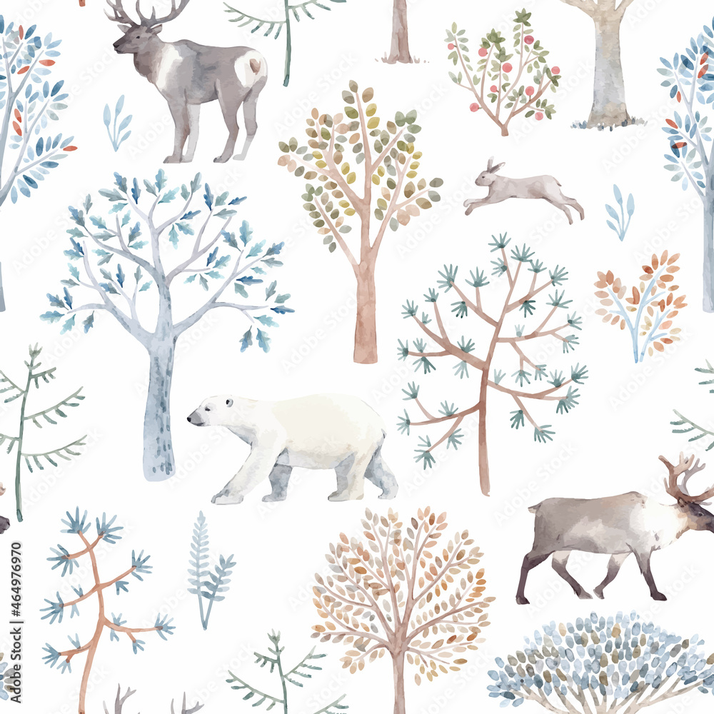Beautiful vector winter seamless pattern with hand drawn watercolor cute trees and forest bear fox deer animals. Stock illustration.