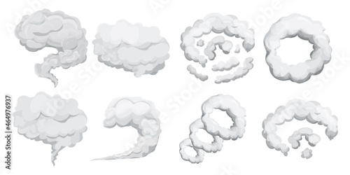 Set smoke dust explosion in cartoon style isolated on white background. Collection frame, game asset. Abstract gray cloud, gas, motion element. 