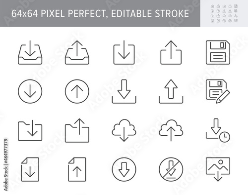 Download line icons. Vector illustration include icon - upload, cloud storage, folder, arrow, document, diskette, floppy disk outline pictogram for web button. 64x64 Pixel Perfect, Editable Stroke