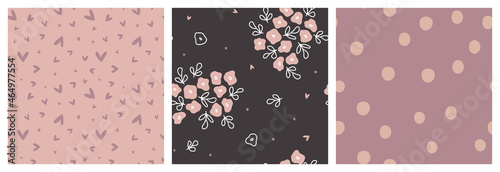Soft colours abstract floral seamless pattern set with coordinating spot and heart designs. Romantic vector repeat backgrounds for girl's clothing, wallpaper, gift wrapping or nursery textile.