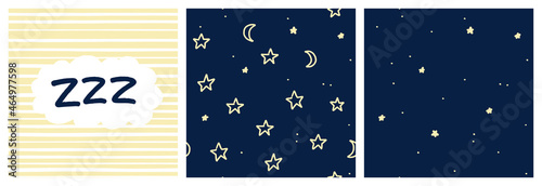 Bedtime baby boy and toddler kids seamless pattern set with night sky, stars, moon and stripes. Pastel yellow and navy coordinating patterns for pajama print or bedding textile.