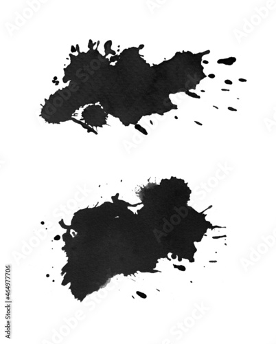 Black watercolor stain with drops, splashes, droplets