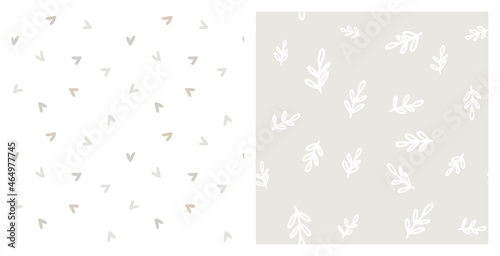 Simple botanical baby girl neutral non directional seamless pattern set. Tiny hearts and leaves for infant clothing or home decor fabric print. Abstract hand drawn foliage and love symbol in white and