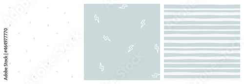 Baby boy bolt and stripes scandi seamless pattern set in pastel greyish blue and white colours. Lightning strike, thunder and hand drawn lines coordinating vector repeat design.