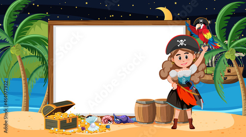 Pirate kids at the beach night scene with an empty banner template
