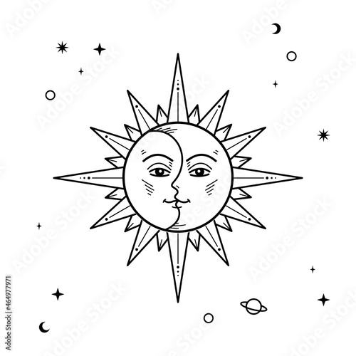 Sun moon astrology tarot illustration tattoo design vector gold isolated background