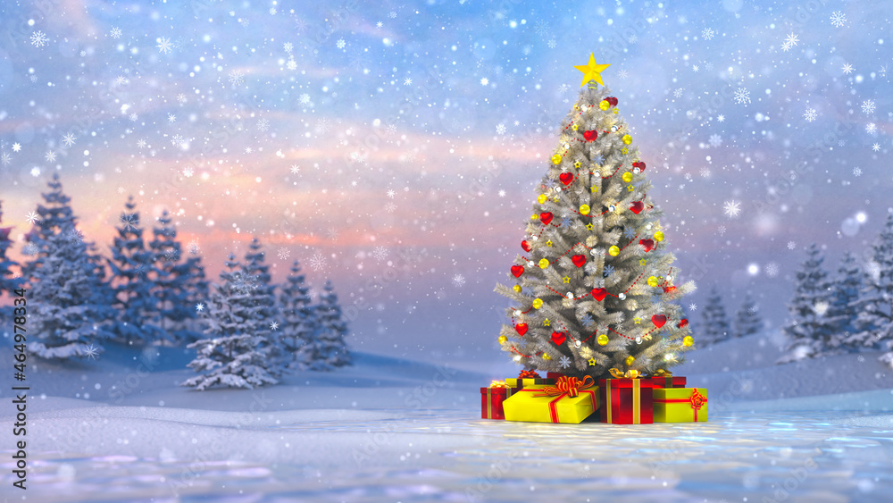 Frosty and calm snow covered winter landscape and decorated Christmas tree. Xmas holiday 3D illustration background.