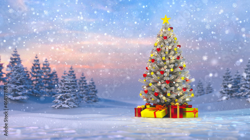 Frosty and calm snow covered winter landscape and decorated Christmas tree. Xmas holiday 3D illustration background.