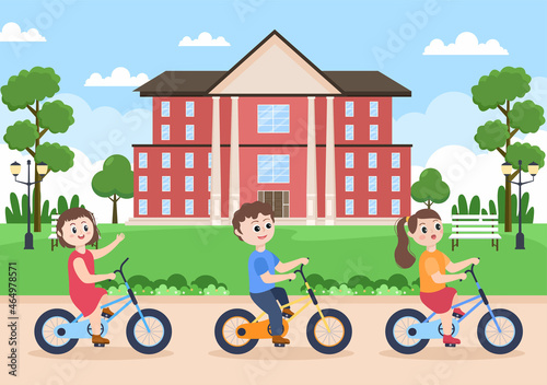 Bicycle Vector Flat Illustration. People Riding Bikes, Sports and outdoor recreational activities on Park Road or Highway are living a healthy lifestyle