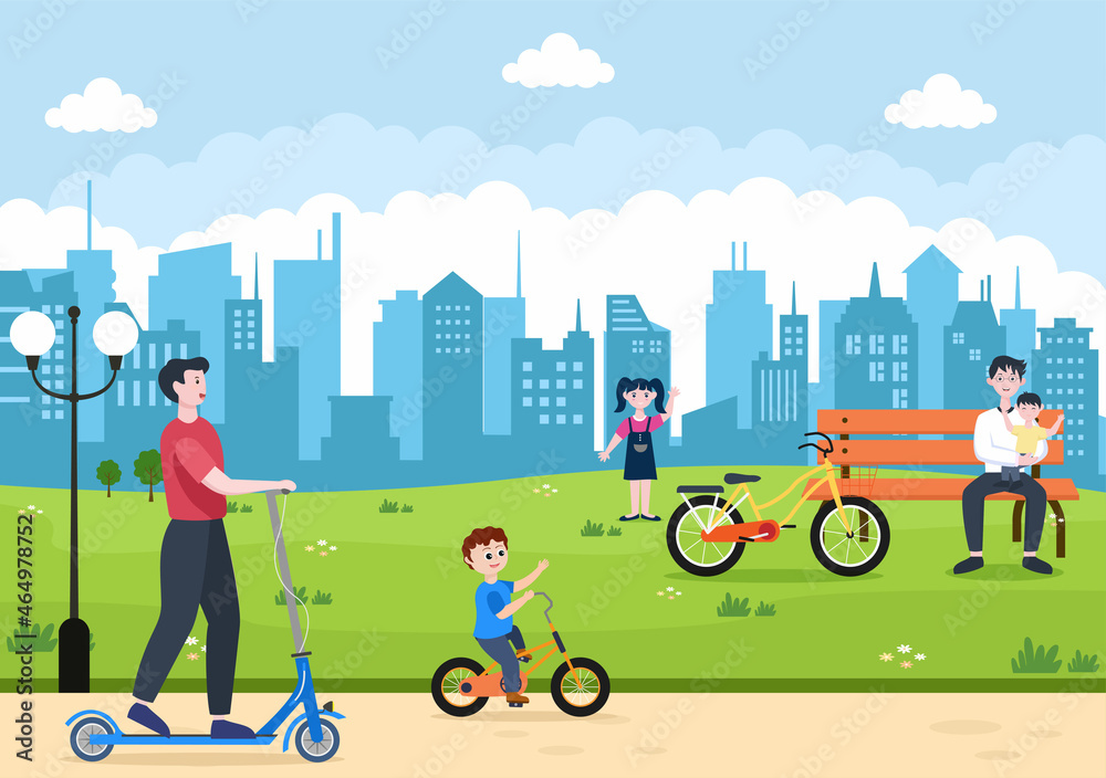 Bicycle and Scooter Vector Flat Illustration. People Riding it, Sports, outdoor recreational activities on Park Road or Highway are living a healthy lifestyle