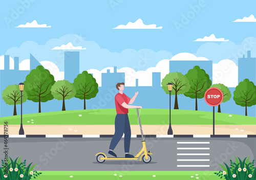 Scooter Vector Flat Illustration. People Riding Bicycle, Sports and outdoor recreational activities on Park Road or Highway are living a healthy lifestyle