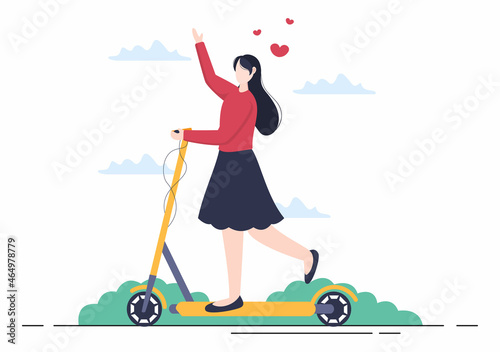 Scooter Vector Flat Illustration. People Riding Bicycle, Sports and outdoor recreational activities on Park Road or Highway are living a healthy lifestyle