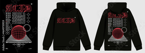 Modern poster Acid World. In Acid style, stylish print for streetwear, print for t-shirts and hoodies, isolated on black background