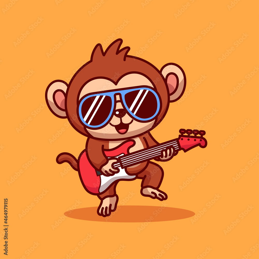 Monkey Playing Guitar Cartoon Illustration