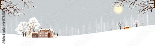 Winter landscape with snowing covring,Vector illustration  wonderland farm house in village with forest pine tree and branches without leaves.Horizontal banner for Christmas holiday or New year 2022