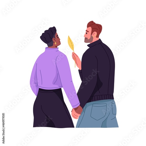 Romantic interracial couple of man and woman walking, holding hands and looking at each other with love. Happy biracial partners in tender relationships. Flat vector illustration isolated on white
